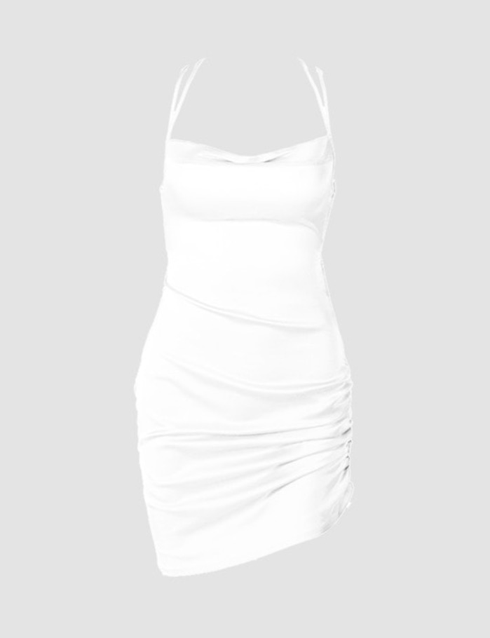 [20%] Heart-neck silk satin side shirring mini dress (white)