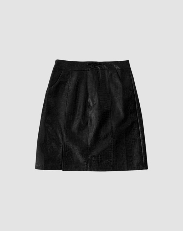 python leather black slit mini skirt