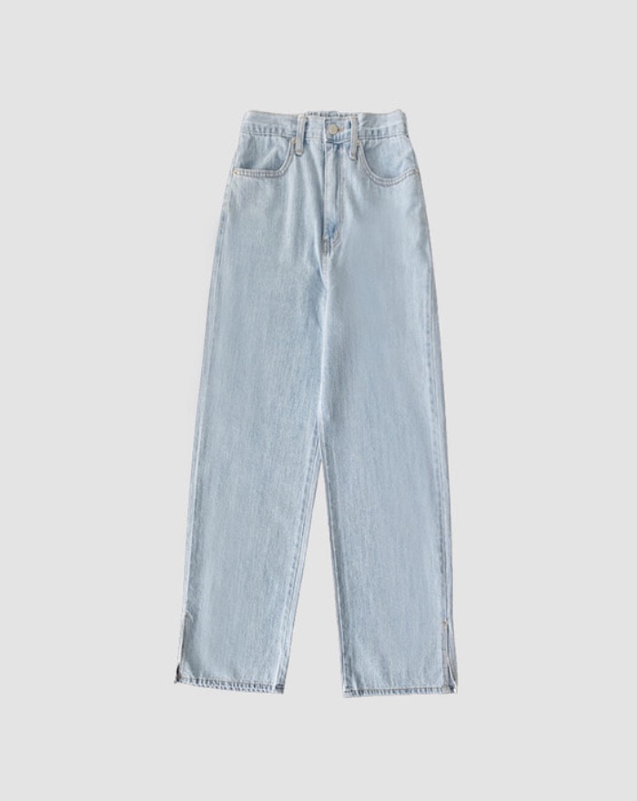 [~3XL] side split back banding light blue wide denim pants