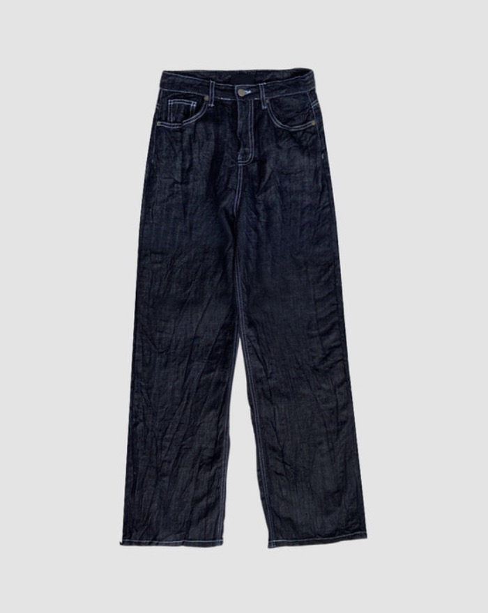 [~3XL] stitched pleated denim wide pants