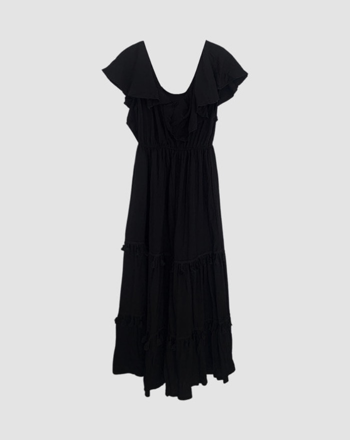 [~XL] draped tassel V neck vacation long dress