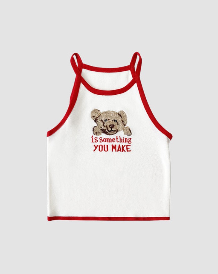 bear illustration embroidery color matching halter sleeveless