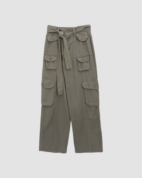cargo pocket belt cotton wide pants