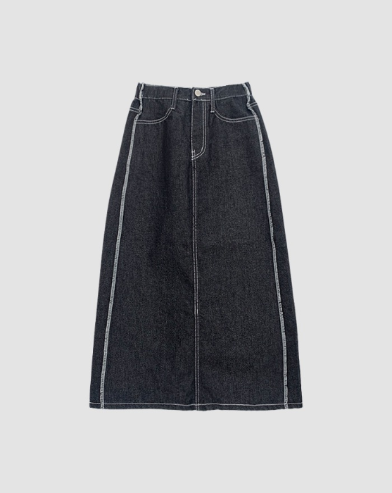 [~3XL] Side destroyed dark denim long skirt