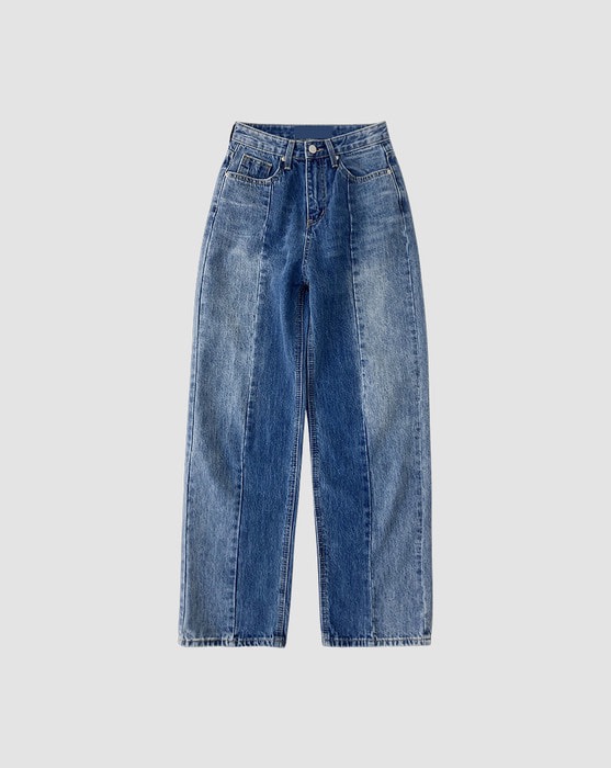 Two-tone cut high wide denim pants