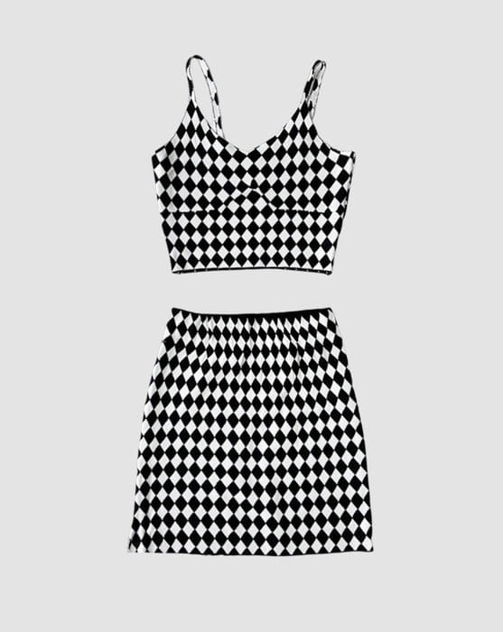 Argyle checkerboard knit bustier two-piece set