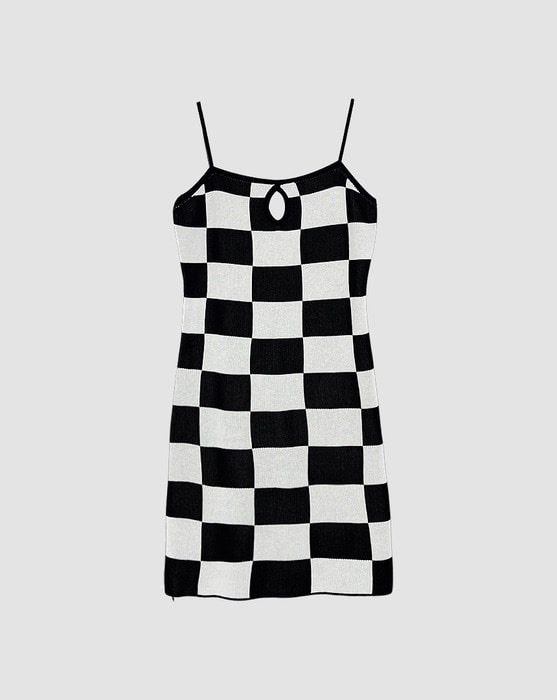 Checkerboard chess halter neck knit padded mini dress