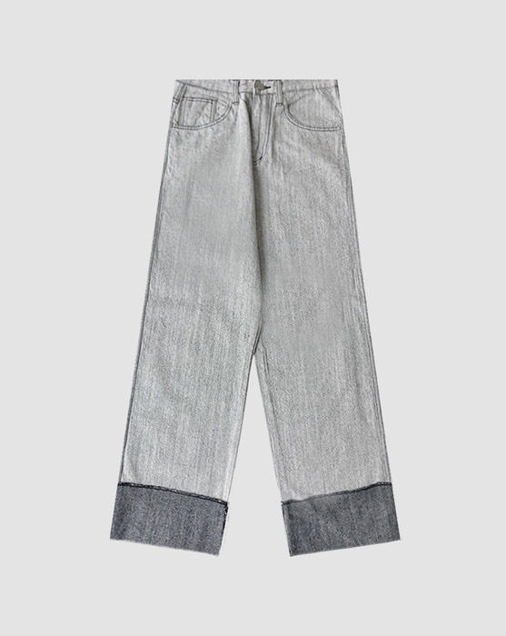 [~2XL/unisex] stitched cotton roll-up wide denim pants