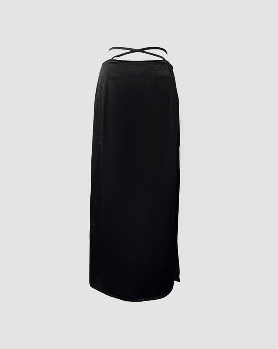black split x strap silk satin low line long skirt