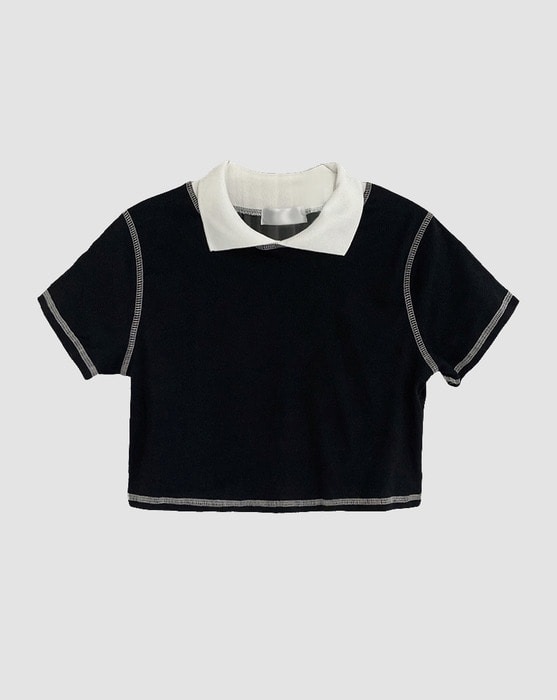 classic black overlock crop collar short sleeve T-shirt