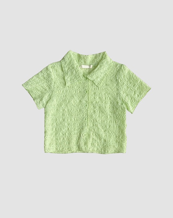 see-through wrinkle short sleeve collar crop blouse