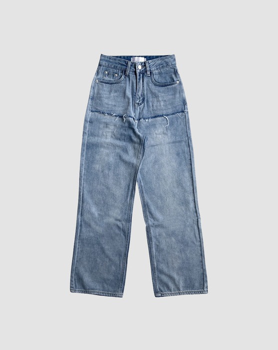 vintage washed cut wide light blue denim pants