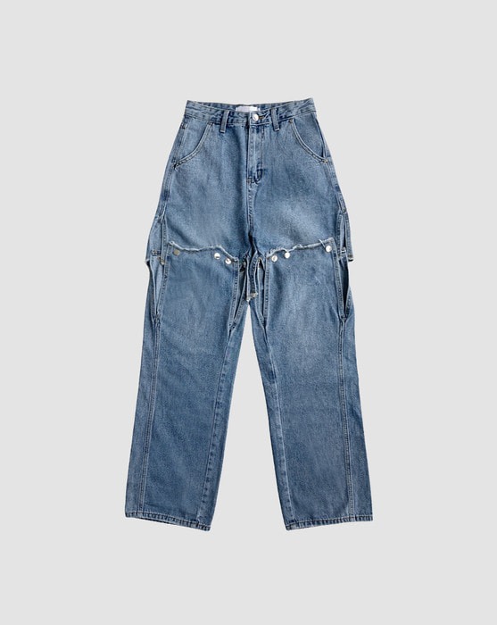 two-way removable button mid denim wide pants