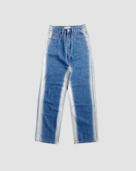 unique side washed medium blue wide long denim pants
