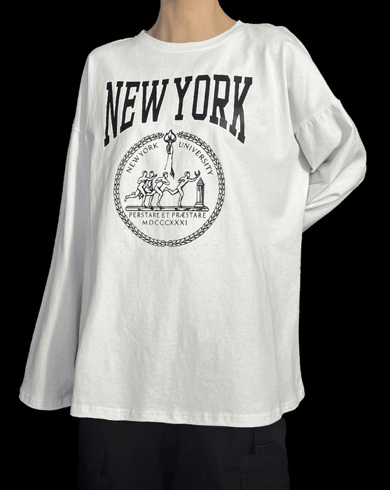 뉴욕 레터링 프린트 오버핏 롱 슬리브 긴팔 티셔츠