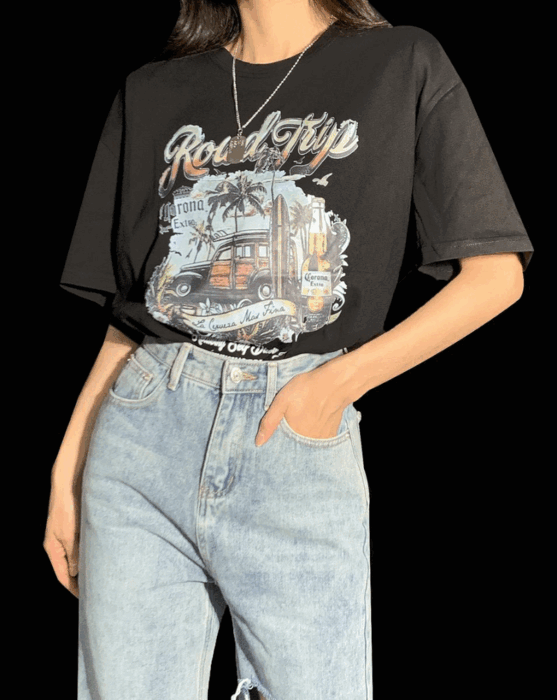 하와이안 프린팅 오버핏 반팔 티셔츠